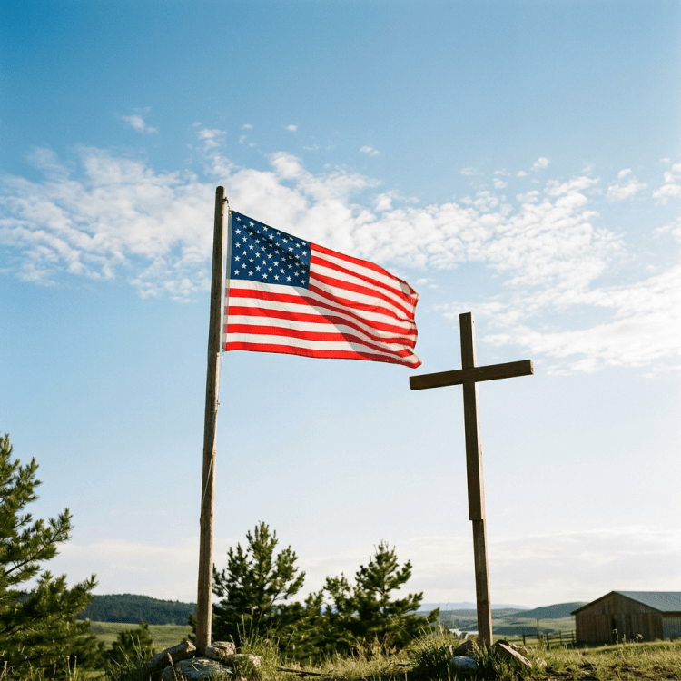 American flag flying next to a wooden cross on a grassy hill